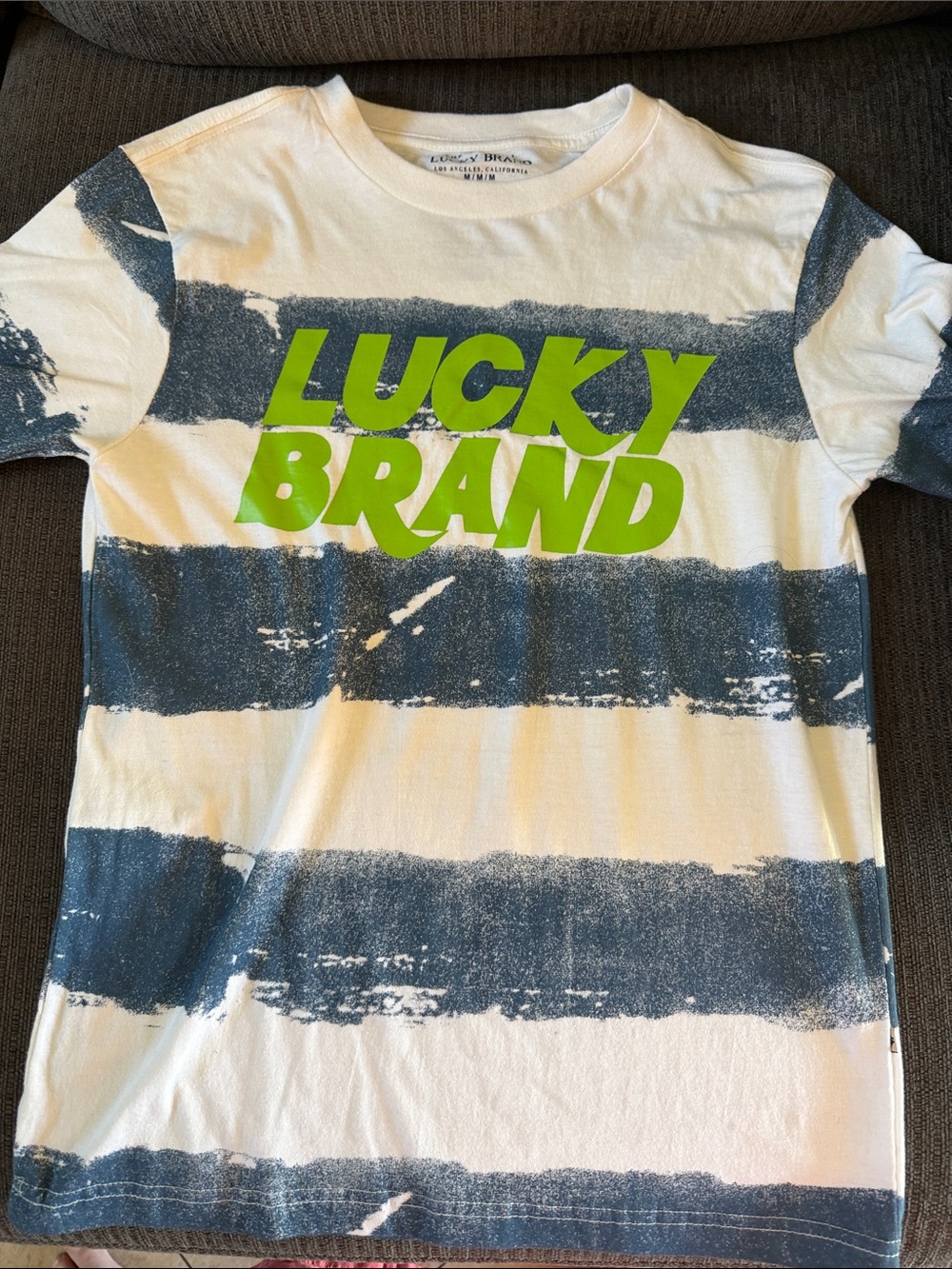 Lucky Brand White & Navy Stripe Tee with Lime Logo Kids Medium